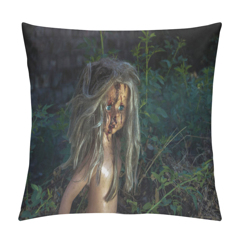 Personality  The Face Of A Doomed, Blood-scratched Doll In The Open Air. Pillow Covers