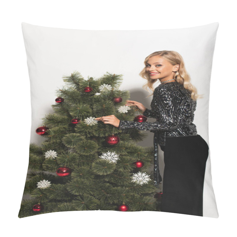 Personality  Happy And Stylish Woman Touching Decorative Snowflake On Christmas Tree On White Pillow Covers