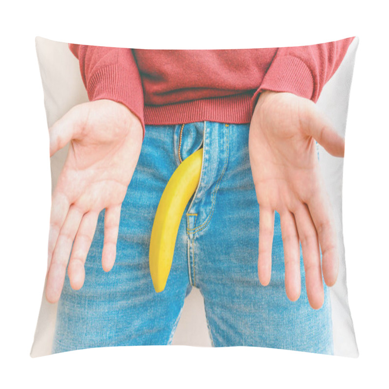 Personality  Impotence And Men's Health. A Man Open Palms And Banana Near The Genitals.Close Up. Pillow Covers