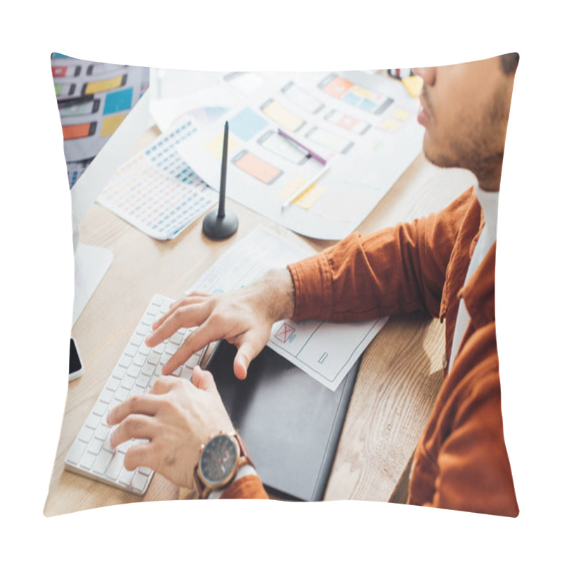 Personality  Cropped View Of Developer Using Computer Near Layouts Of Ux Design On Table  Pillow Covers