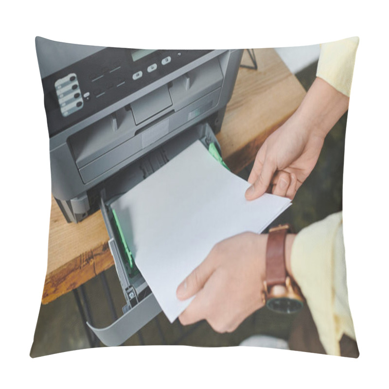 Personality  Curly-haired Man In A Sweater Vest Works Efficiently At A Stylish Office Desk, Printing Essentials. Pillow Covers