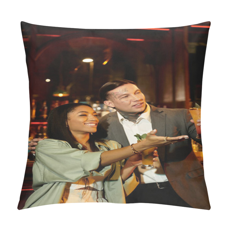 Personality  Tattooed Couple Shares Laughter And Drinks, Enjoying A Lively Night At The Bar Indoors. Pillow Covers