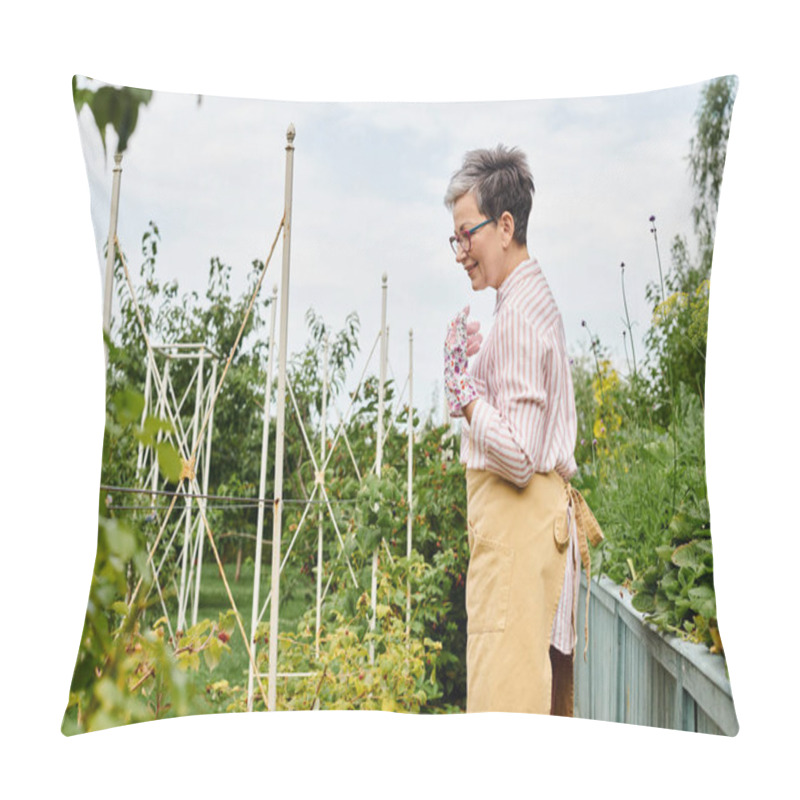 Personality  Joyous Appealing Mature Woman With Glasses And Gloves Taking Care Of Her Fresh Berries In Garden Pillow Covers