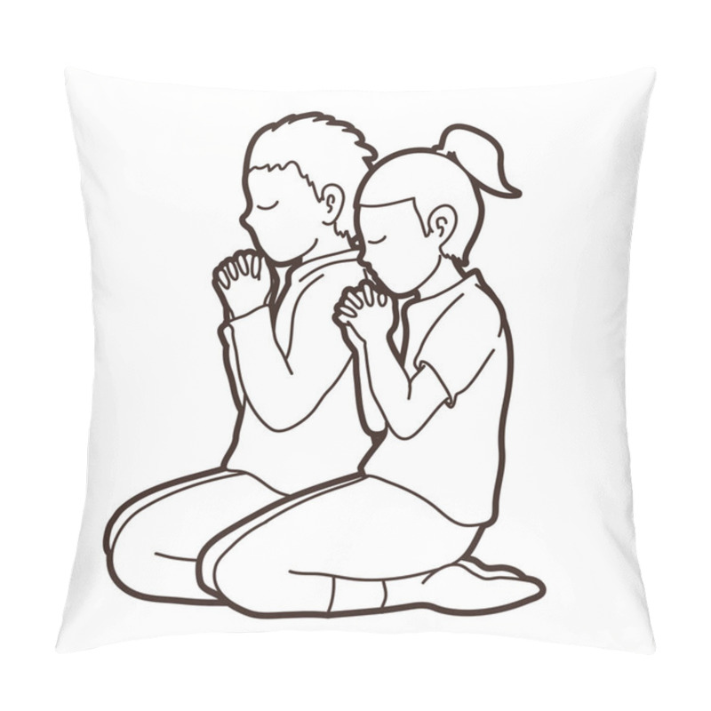 Personality  Boy And Girl Pray Together, Prayer, Christian Praying Children Pray With God Cartoon Graphic Vector Pillow Covers