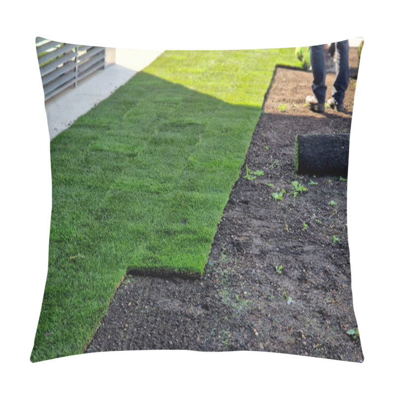 Personality  Laying Grass Turf In The Family Garden. A Roll Of Sod Is Driven Onto The Plowed Surface Of The Soil. Development And Paving Is Important Against Erosion And Drying Out Pillow Covers