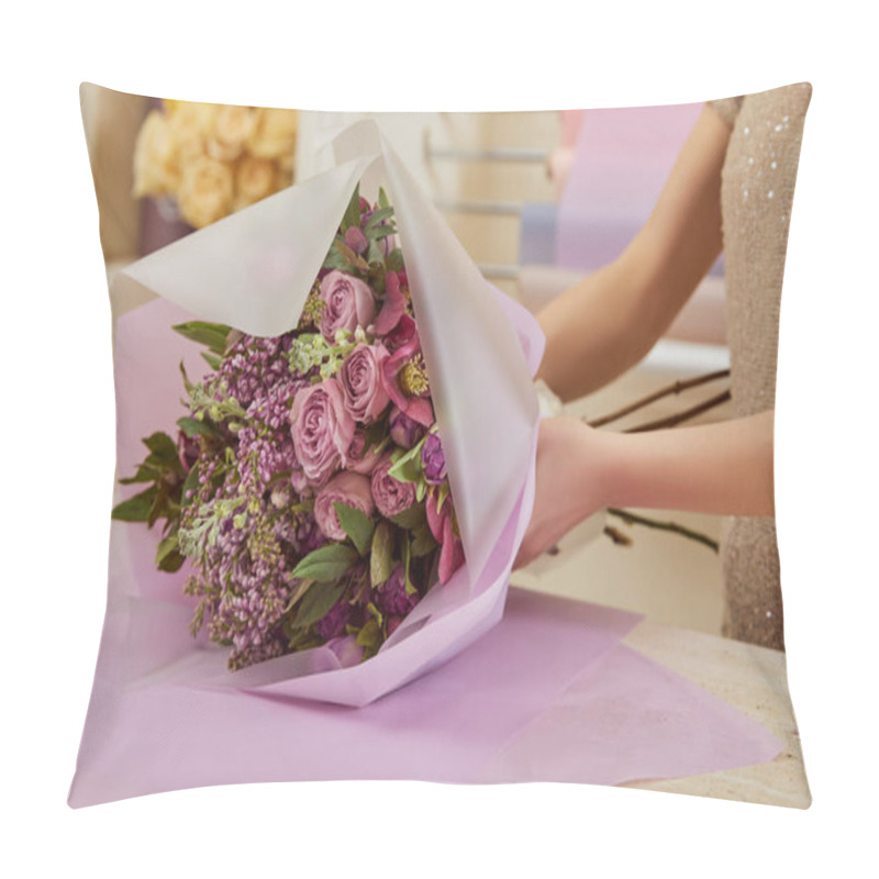 Personality  Cropped View Of Florist Making Bouquet Of Tulips, Peonies And Lilac On Table Pillow Covers