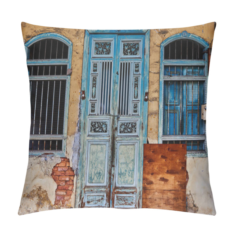 Personality  Vintage Windows And Door On Yellow Cement Wall Can Be Used For Background. Grunge Background Of Urban Decay. Pillow Covers