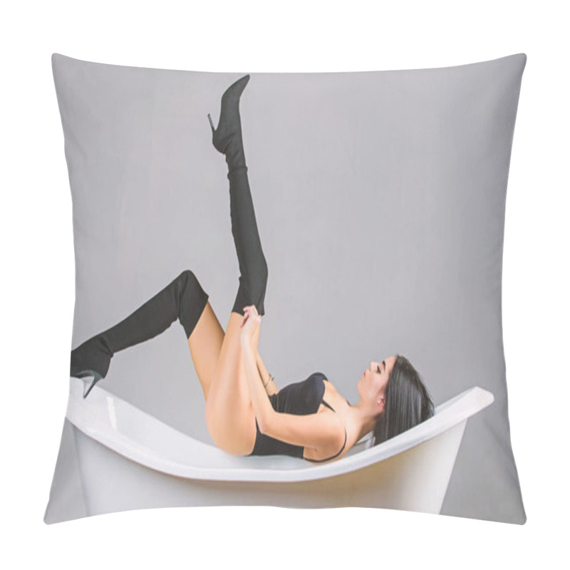 Personality  Fashion Sexy Model Seductive Posing On Bathtub. Every Girl Dream Become Desirable. Girl Relaxed Sexy Pose Lay On Bathtub. Woman Sexy Long Legs Wear Bodysuit And High Heels. Erotic And Sexy Concept Pillow Covers