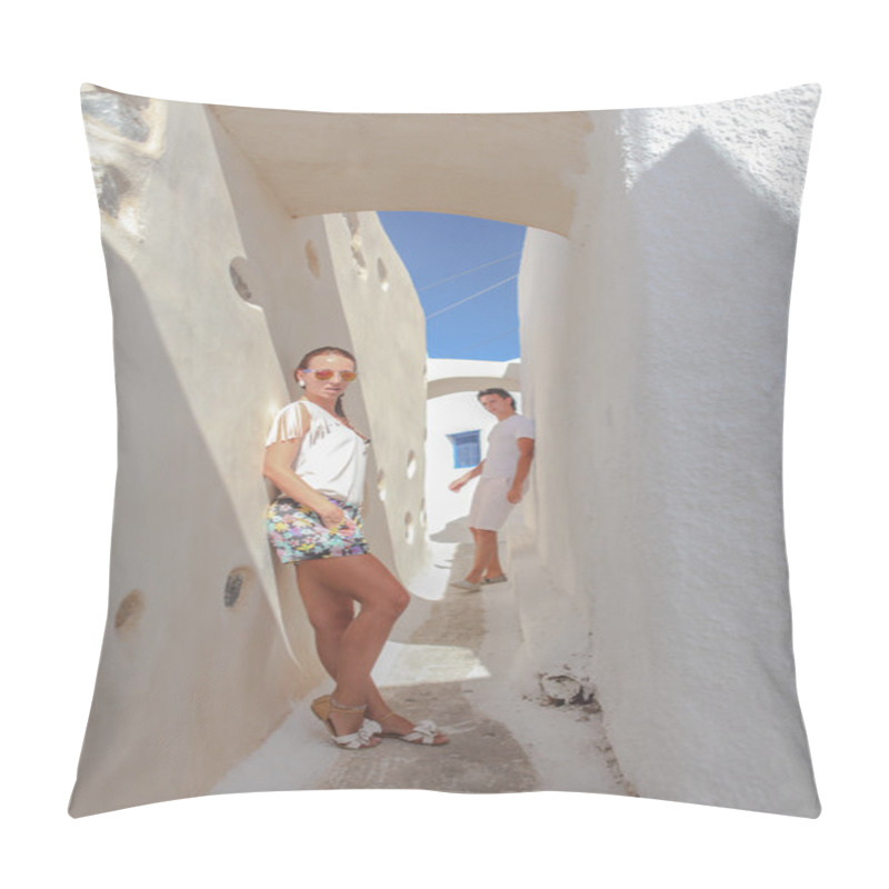 Personality  Young Woman On Foreground And Her Husband In The Back At Greek Village Of Emporio Pillow Covers