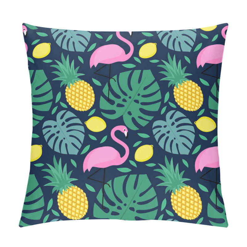 Personality  Seamless Pattern With Flamingo, Pineapple, Lemon And Green Palm Leaves Pillow Covers