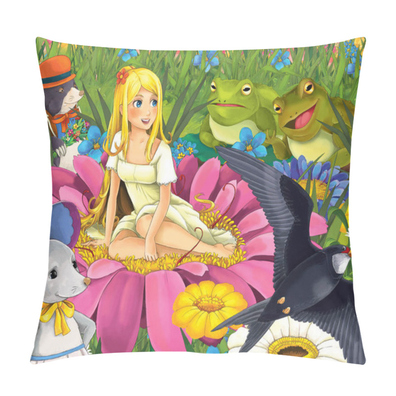 Personality  Cartoon Scene With Young Beautiful Elf Girl On The Meadow With Flying With Different Animal Friends - Cuckoo Bird Mouse Mole And Frogs - Illustration For Children Pillow Covers