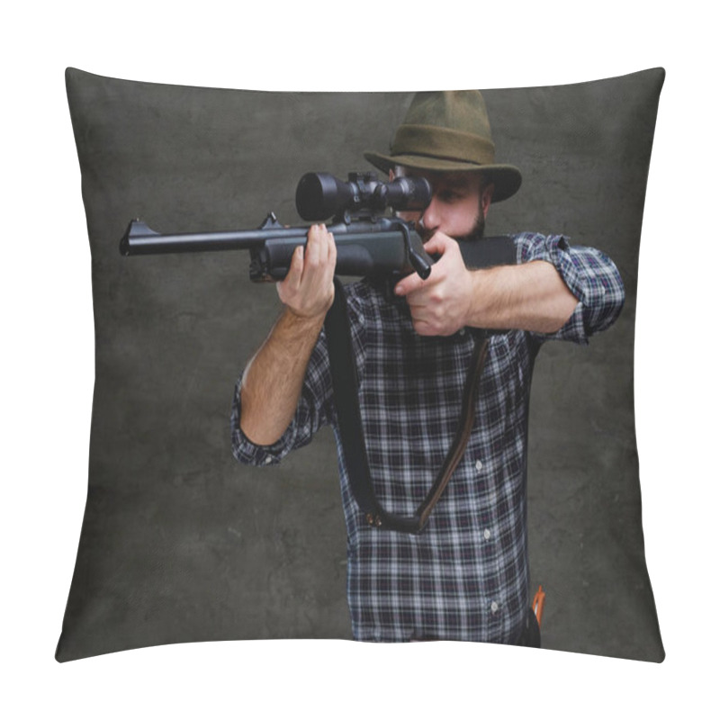 Personality  Hunter Aiming A Rifle In Sight While Preparing To Make An Accurate Shot At The Prey. Isolated On A Dark Background. Pillow Covers