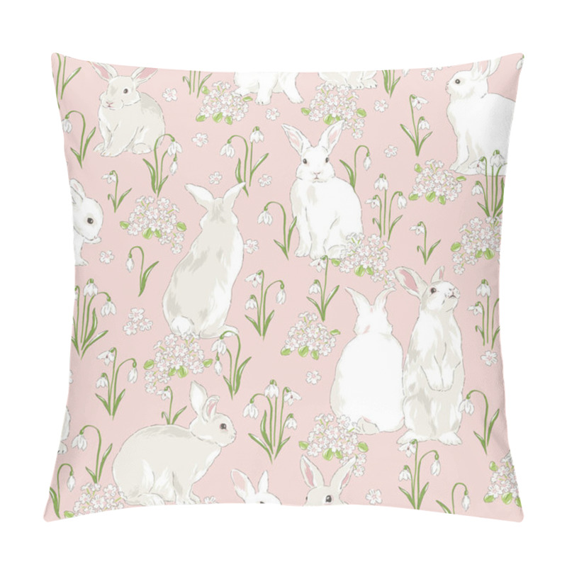 Personality  Cute Bunny In Spring Bloomy Garden Vector Seamless Pattern. Pillow Covers