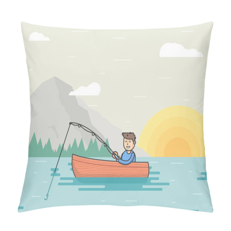 Personality  Vector Illustration Of A Fisherman And Boat On The Lake. Summertime At Open Air. Fishing Concept Pillow Covers