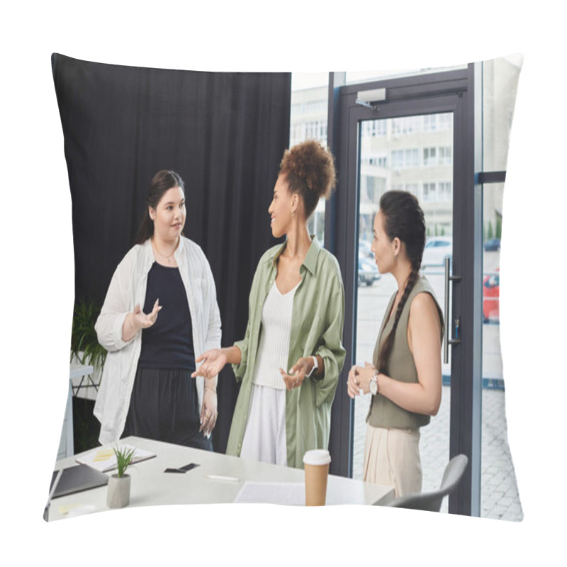 Personality  Three Poised Businesswomen Engage In An Inspiring Discussion In A Contemporary Office. Pillow Covers