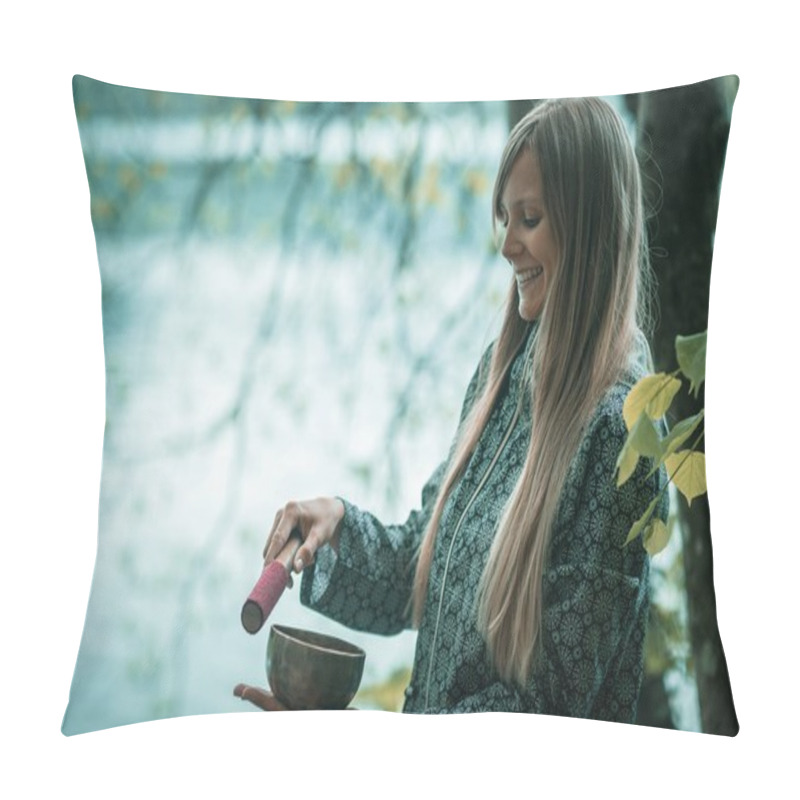 Personality  Young Woman With Tibetan Bowl Pillow Covers