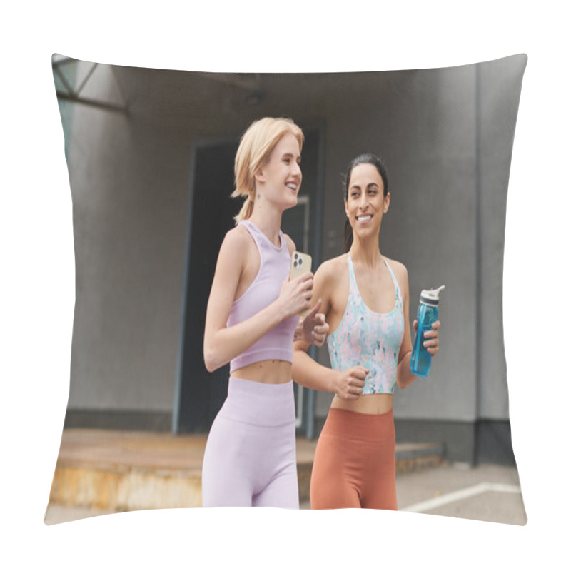 Personality  Two Young Women Laugh And Share A Moment While Jogging In Athletic Wear, Embracing Their Bond. Pillow Covers