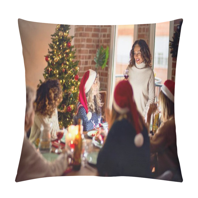 Personality  Beautiful Group Of Women Smiling Happy And Confident. On Of Them Holding Cup Of Wine Speaking Speech Celebrating Christmas At Home Pillow Covers