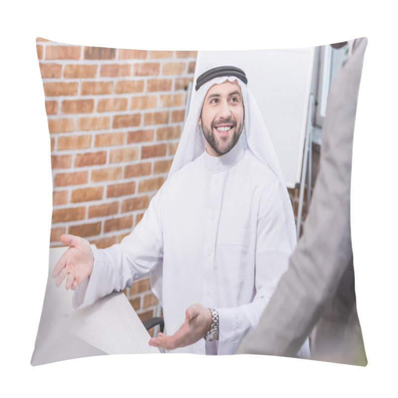 Personality  Arabian Businessman Smiling And Gesturing In Office  Pillow Covers