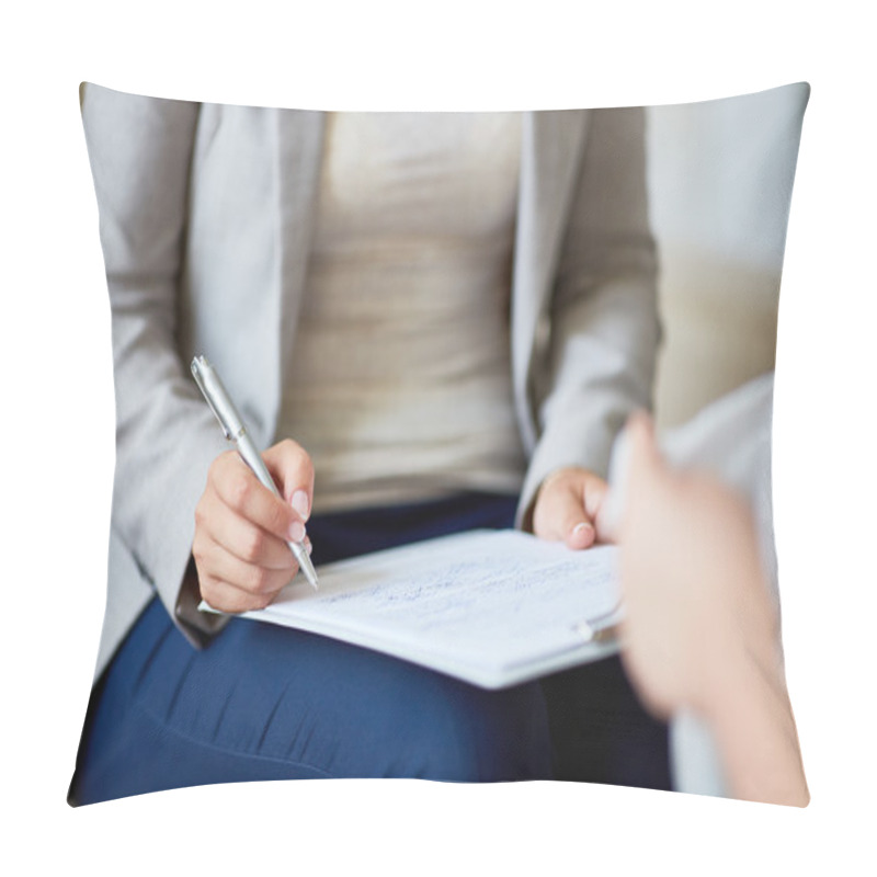 Personality  Psychologist Making Notes During Talk Pillow Covers