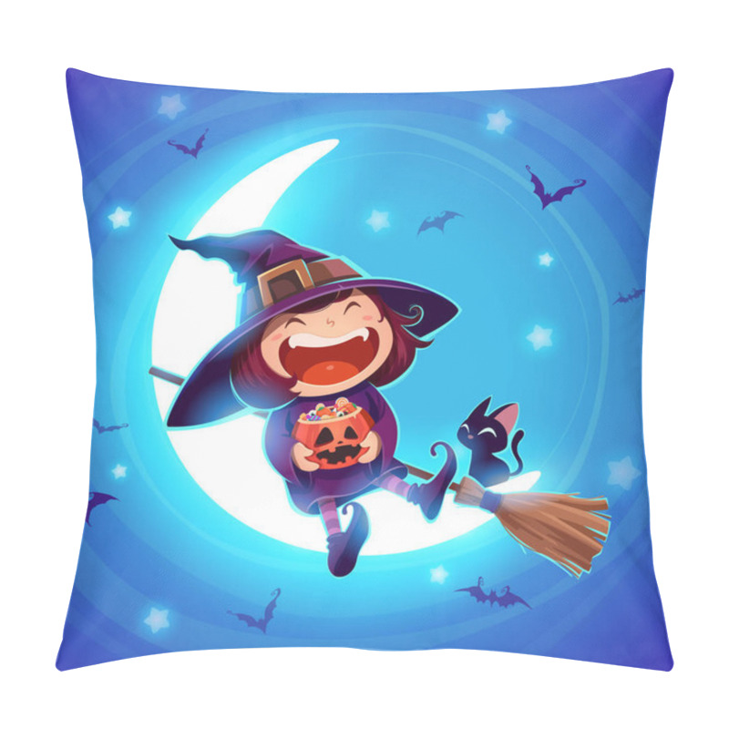 Personality  Halloween Little Witch. Girl Kid In Halloween Costume Sitting On Moon On Blue Background, Vector Illustration. Retro Vintage.  Pillow Covers