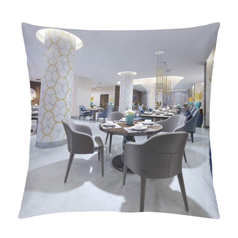 Personality  Luxurious Modern Restaurant In The Evening Lighting With Blue And Beige Chairs And Laid Out Tables. White Columns In A Mosaic Tile. Gold Plated Pendant Lights. 3d Rendering. Pillow Covers