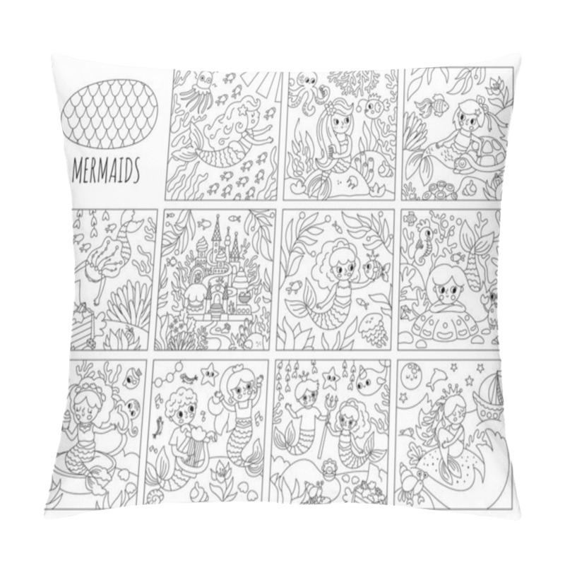 Personality  Vector Black And White Set Of Landscape Illustrations With Mermaid. Ocean Or Sea Kingdom Line Scenes Collection With Marine Princess, Castle, Treasure Chest, Prince. Square Fairytale Coloring Pag Pillow Covers