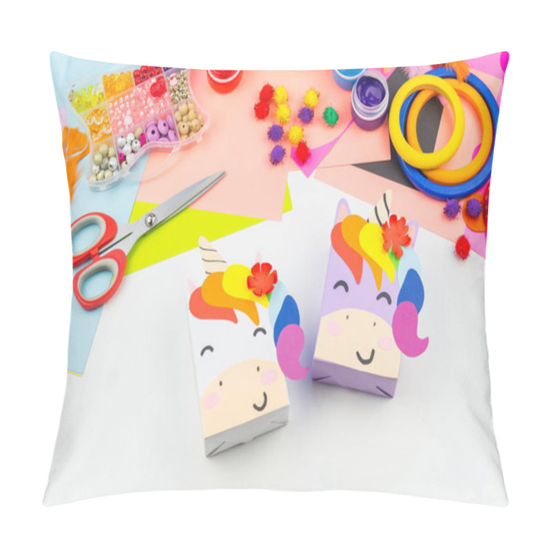 Personality  A Box With A Gift Inside In The Form Of A Rainbow Unicorn. Children's Paper Craft School Kindergarten. Party With A Surprise. Pillow Covers