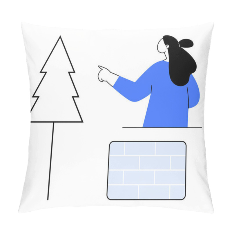 Personality  A Person In A Blue Top Points At A Simple Tree Outline. Below Is A Rectangular Brick Pattern. Ideal For Architectural Concepts, Design Simplicity, Presentations, Nature, And Educational Tools Pillow Covers