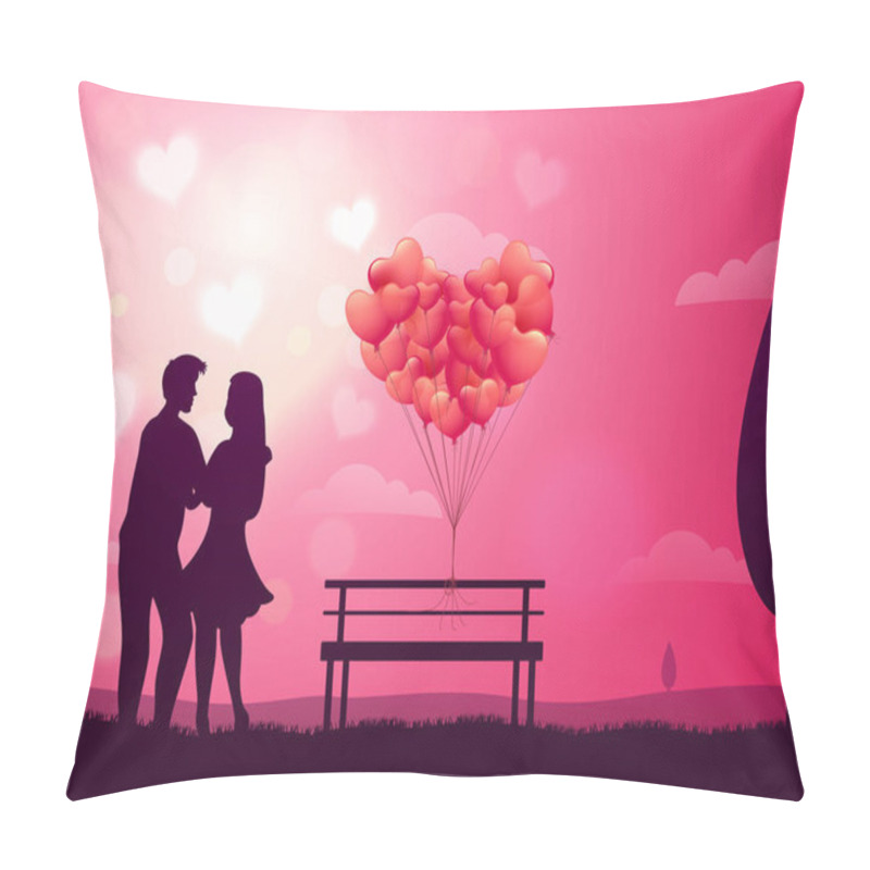 Personality  Valentine Poster Or Greeting Card Design With Young Couple In Love On Heart Decorated Glossy Pink Background. Pillow Covers