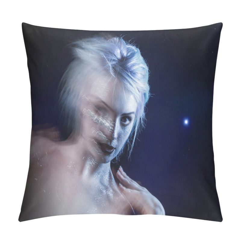 Personality  Ghostly Woman, Soul. Portrait Of A Movement Effect, Creative Body Art On Theme Space And Stars. Pillow Covers