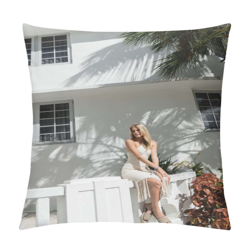 Personality  A Young Blonde Woman Rests On A White Bench Outside A Pristine White House, Enveloped In A Peaceful And Tranquil Scene. Pillow Covers