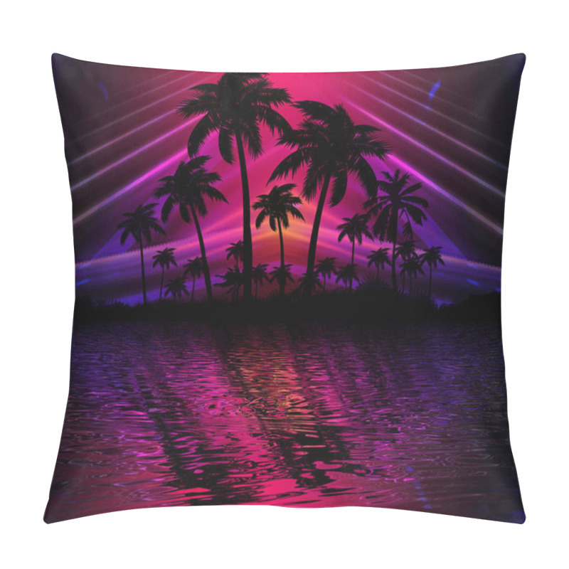 Personality  Abstract Modern Futuristic Dark Landscape With Tropical Palm Trees, Neon Lights, Rays. Reflection In The Water, Night View, Abstract Tropical Background. 3d Illustration Pillow Covers