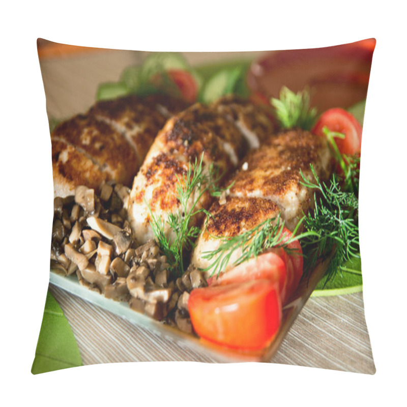 Personality  Breading Chicken Cutlets On A Plate With Dill Cucumbers, Tomatoe Pillow Covers