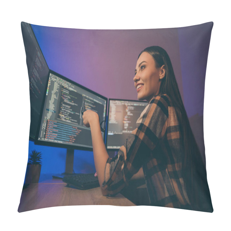 Personality  Profile Side Photo Of Cheerful Positive Nice Pretty Woman Smiling Toothily Holding Eye Glasses Sitting Near Screens Looking Through Code Written Pillow Covers