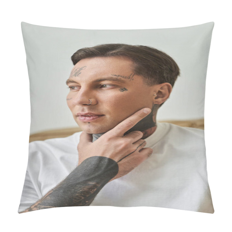 Personality  The Handsome Man With Tattoos Reflects Deeply, Enjoying His Tranquil Home Atmosphere. Pillow Covers