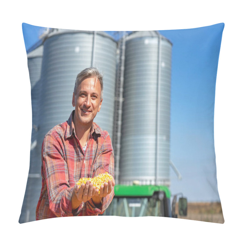 Personality  Smiling Farmer Showing Freshly Harvested Corn Grains Against Grain Silo. Farmer's Hands Holding Harvested Grain Corn. Farmer With Corn Kernels In His Hands Sitting In Trailer Full Of Corn Seeds. Pillow Covers