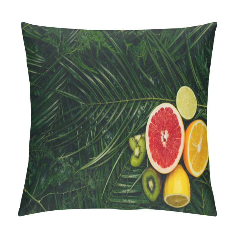 Personality  Top View Of Grapefruit, Lime, Kiwi, Lemon And Orange On Palm Leaves With Copy Space Pillow Covers