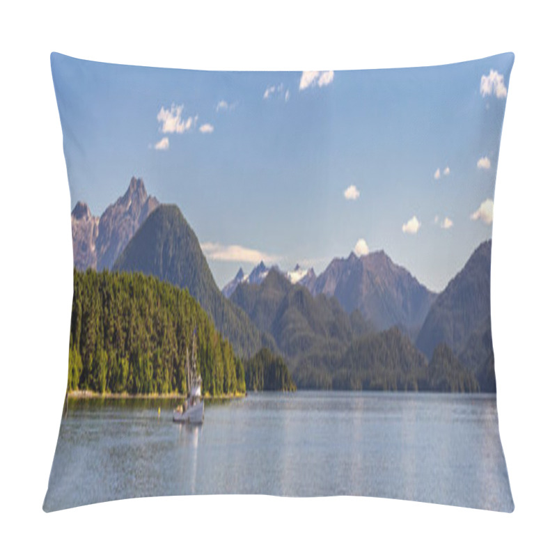 Personality  A Beautiful Panoramic Shot Of A Harbour In Sitka, AK With A Commercial Fishing Boat Anchored In It, Green Forest, Mountains With Snowy Peaks, And Gorgeous Blue Sky. Pillow Covers