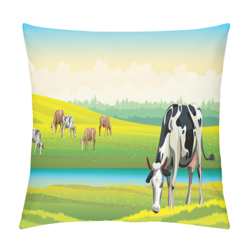 Personality  Cow And Green Meadow. Rural Landscape. Pillow Covers