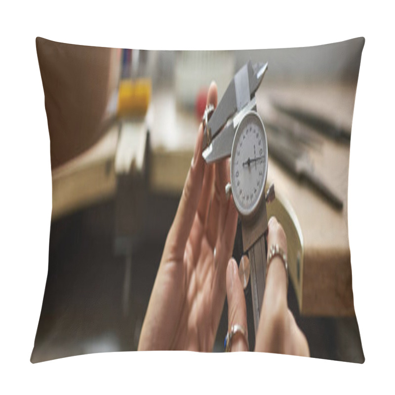 Personality  A Skilled Artisan Carefully Measures Exquisite Jewelry Pieces, Showcasing Her Expertise. Pillow Covers