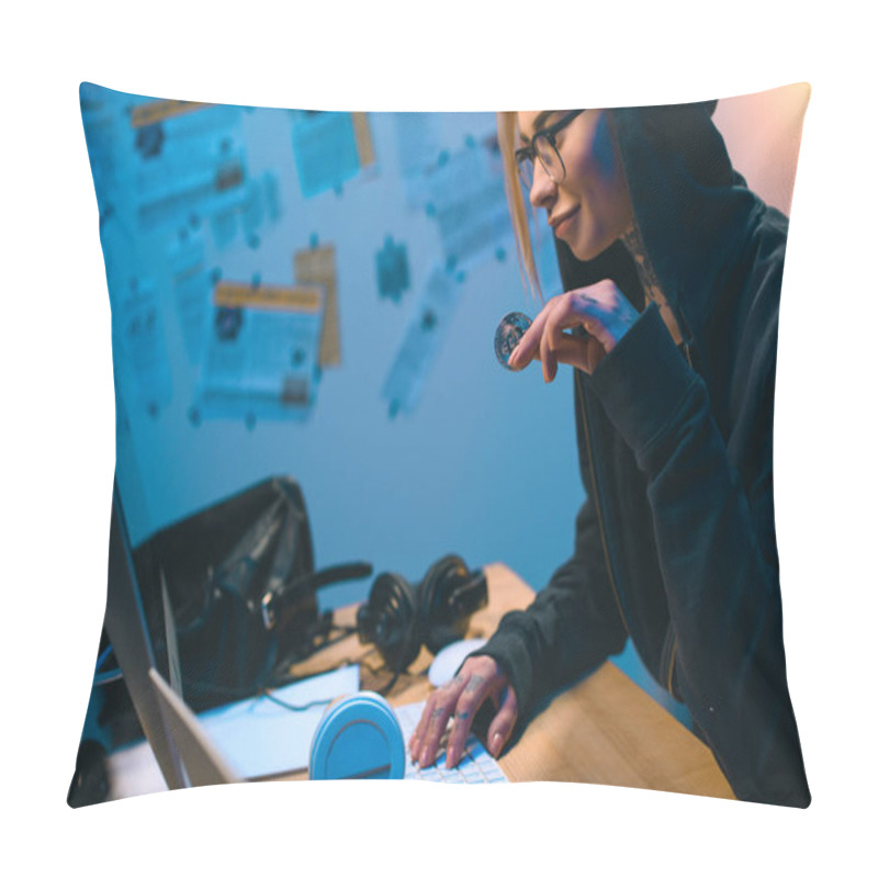 Personality  Side View Of Young Female Hacker Holding Bitcoin Pillow Covers