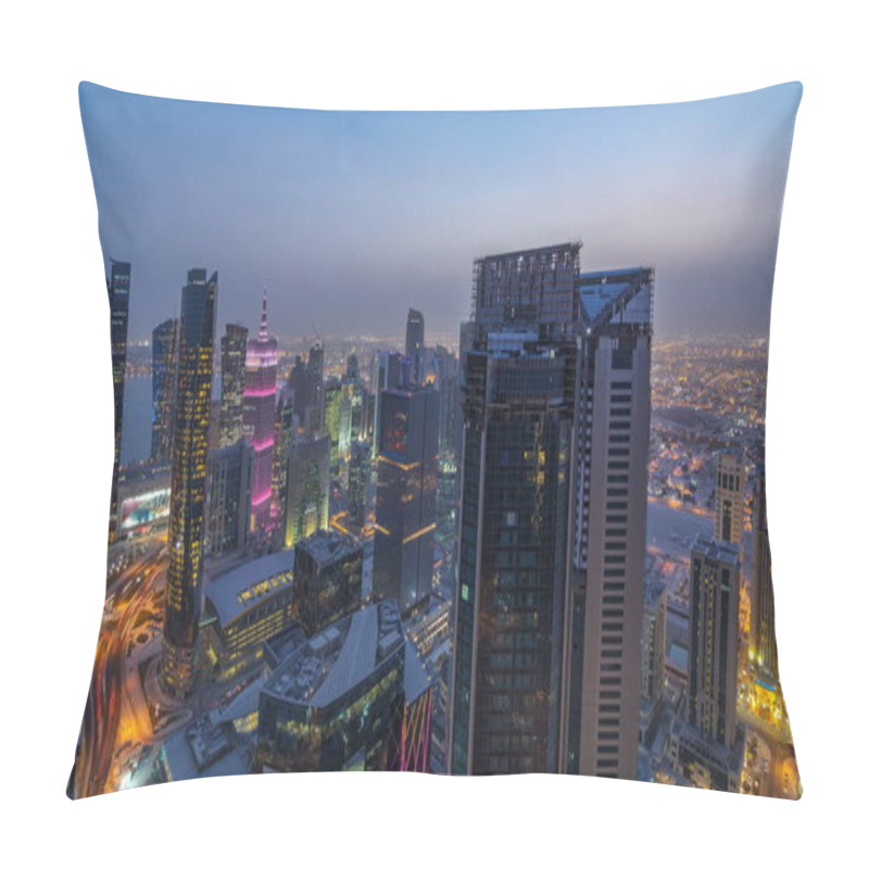 Personality  Skyline Of The West Bay Area From Top In Doha Day To Night Transition Timelapse, Qatar. Illuminated Modern Skyscrapers Aerial View From Rooftop Atevening After Sunset. Traffic On The Road Pillow Covers