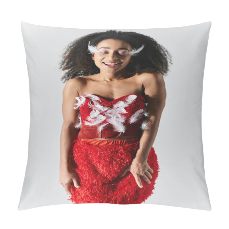 Personality  A Spirited Young Woman Beams In A Striking Red Outfit Adorned With Fluffy Feathers. Pillow Covers