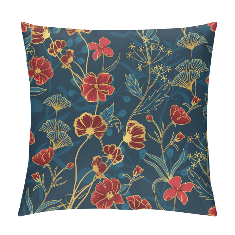 Personality  Ornamental Red, Blue And Gold Botanical Vector Seamless Pattern Pillow Covers