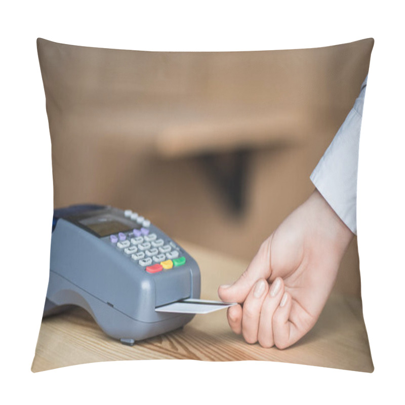 Personality  Putting Credit Card Into Terminal Pillow Covers