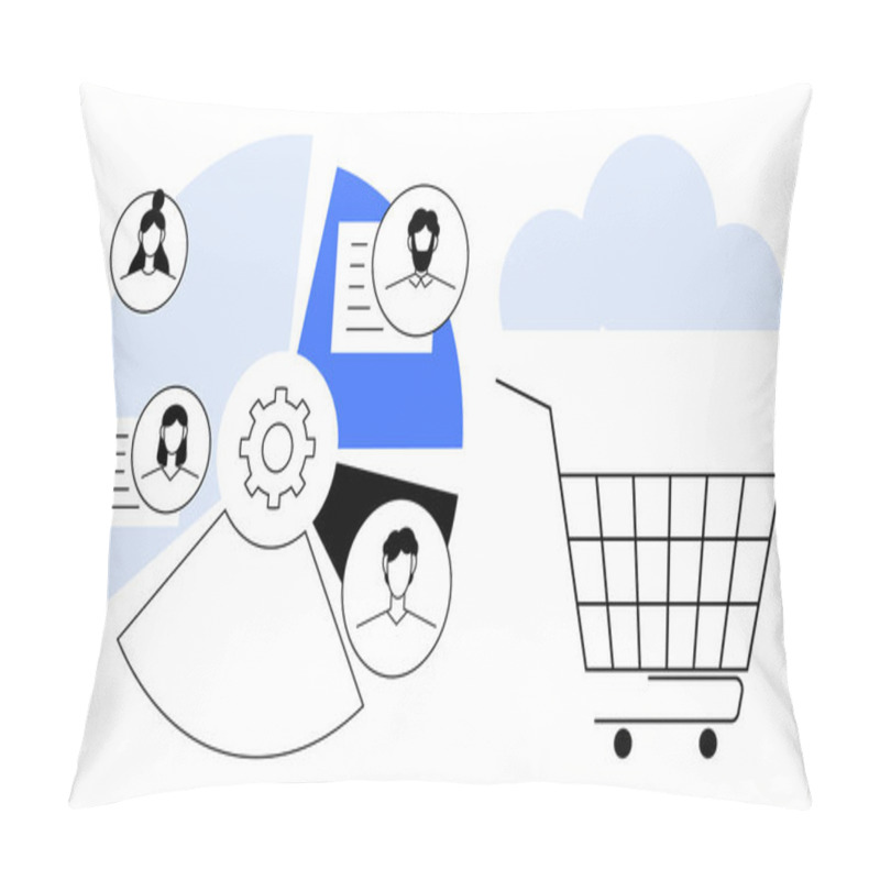 Personality  Pie Chart With Four User Profiles Next To A Shopping Cart And Cloud Icon Ideal For E-commerce User Management Cloud Computing Data Analytics Customer Segmentation And Digital Marketing. Simple Sleek Pillow Covers