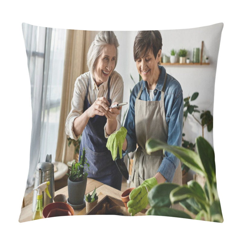 Personality  Two Women In Aprons Caring For A Plant Together. Pillow Covers