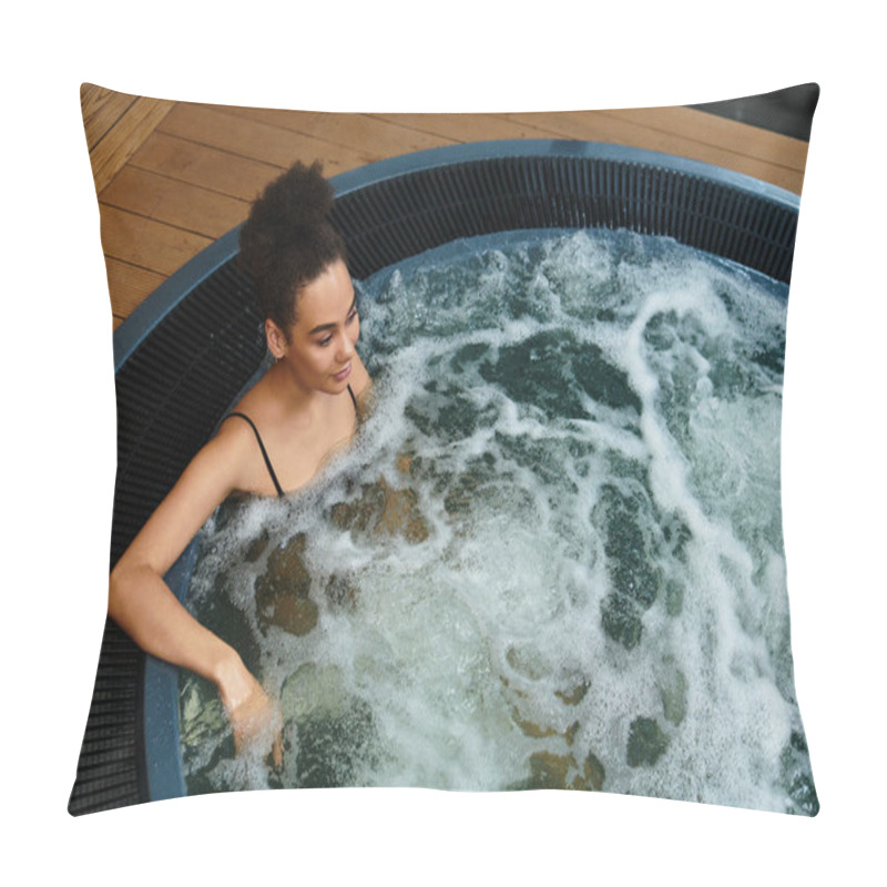 Personality  A Beautiful Young Woman Relaxes In A Soothing Spa Hot Tub, Embracing Self Care And Wellbeing. Pillow Covers