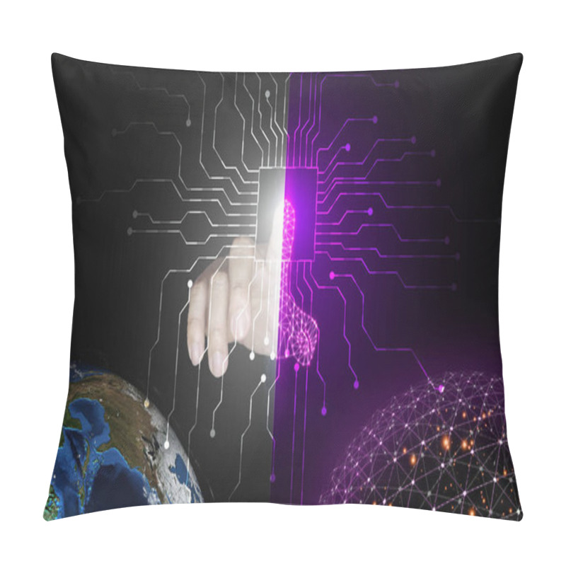 Personality  Digital Twins Concept. A Half Real Half Digital Finger Starts Or Activates Both The Physical And Digital Worlds With A Single Push. Business And Technology Simulation Modeling Pillow Covers